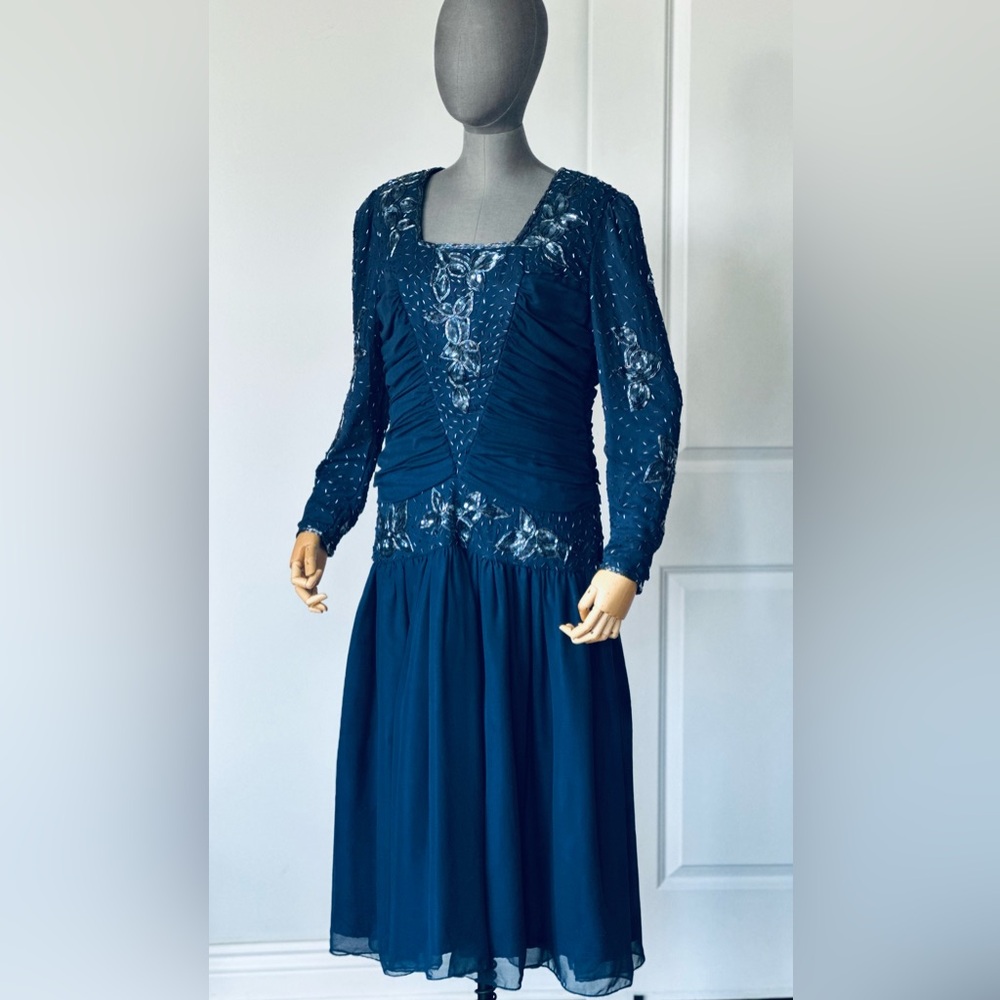 Vintage 100% Silk Navy Blue Beaded Midi Dress